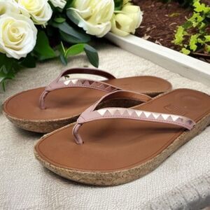 Fitflop Linny Slide On Thong Sandals Womens 6 Pink Gold Leather Cork Platform